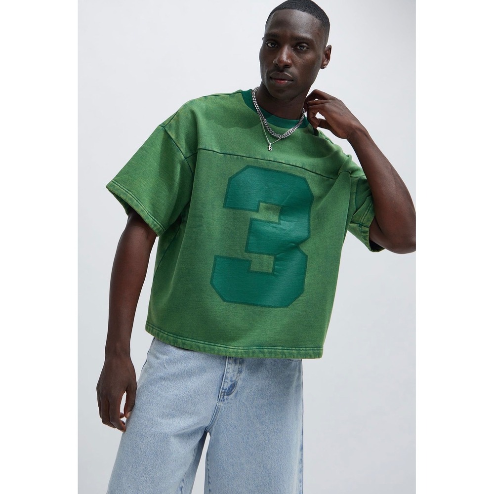 Fashion Nova Men Oversized Green Graphic Sweatshirt Tee Washed Number 3 M